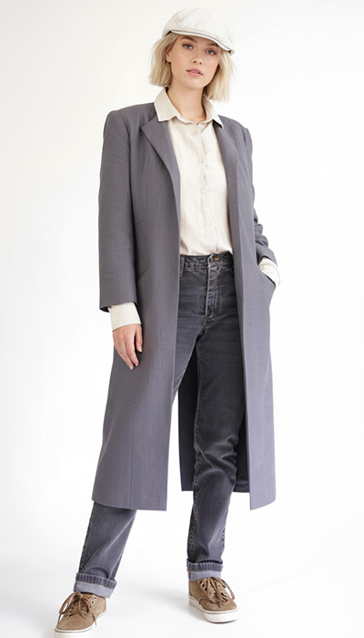 Free Sewing Pattern from Angela Kane - The 664 Summer Coat PDF sewing pattern. Modelled here in grey linen and teamed with Angela Kane classic jeans pattern and classic shirt pattern