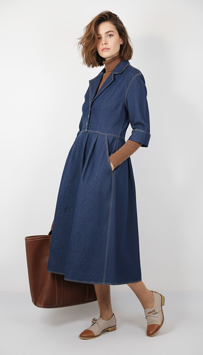 An Angela Kane PDF sewing pattern - the 710 Shirtwaister Dress - made up here in blue denim with traditional jeans stye top-stitching