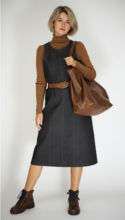 An Angea Kane PDF sewing pattern - the 715 Princess Line Dress in black denim with top-stitching