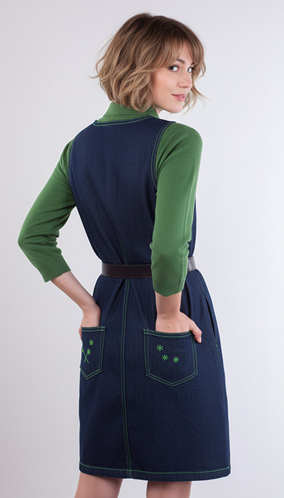 Photo of The Pinafore Dress Sewing Pattern, front view showing topstitched pockets. Online download PDF Sewing Patterns