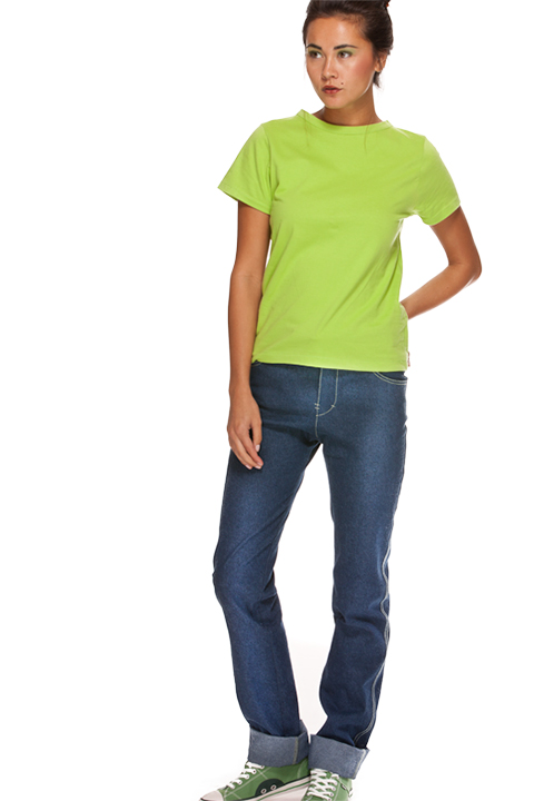 Model wearing jeans in blue denim made up from the PDF Sewing Pattern for Slim Cut Jeans designed by Angela Kane