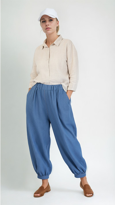 An Angela Kane PDF sewing pattern, made up in soft lightweight denim and modelled here, teamed the with the classic shirt made up from sewing pattern number 540